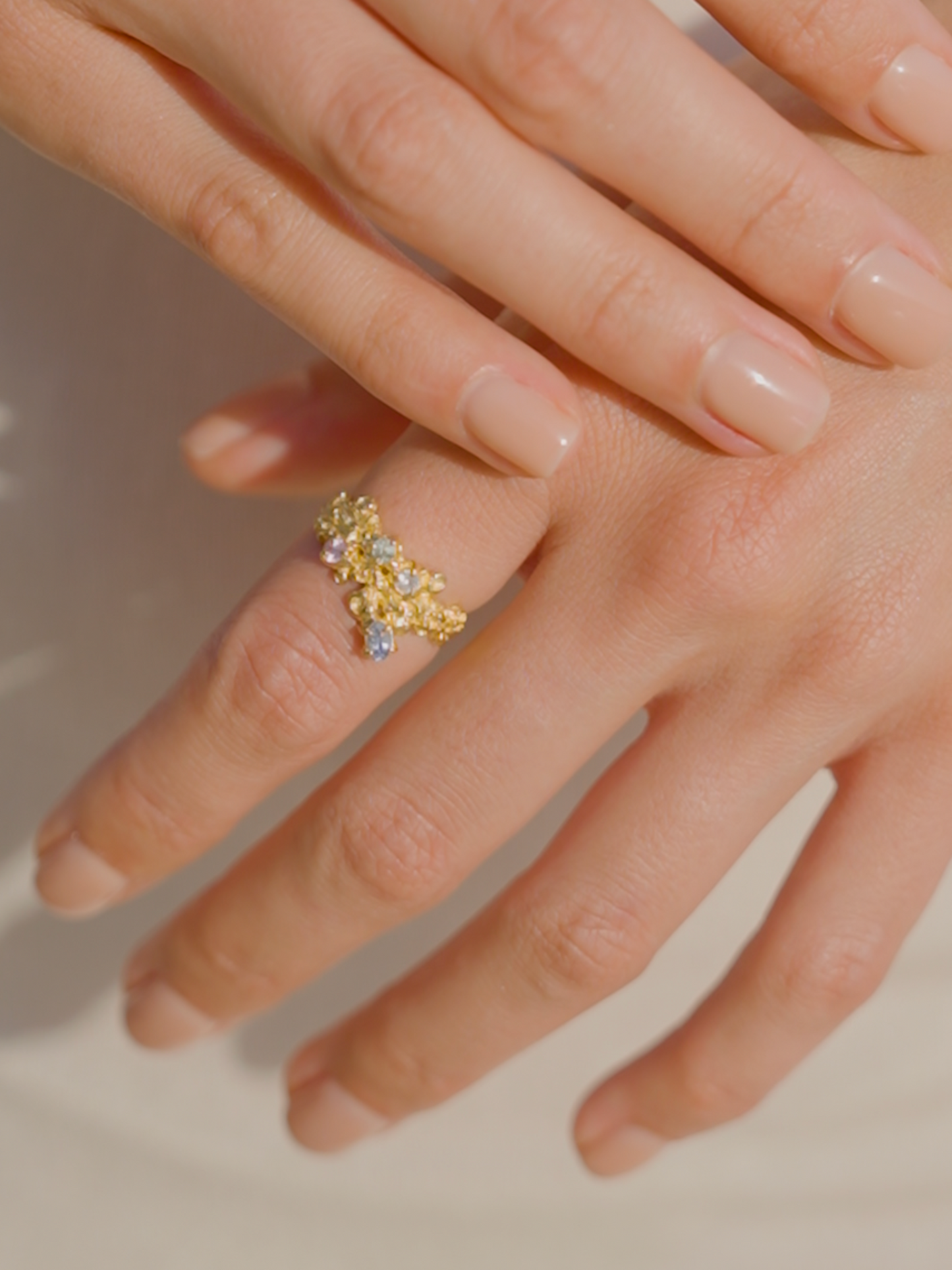 Coral Ring Gold #13 with candy coloured Sapphires - size 6.5