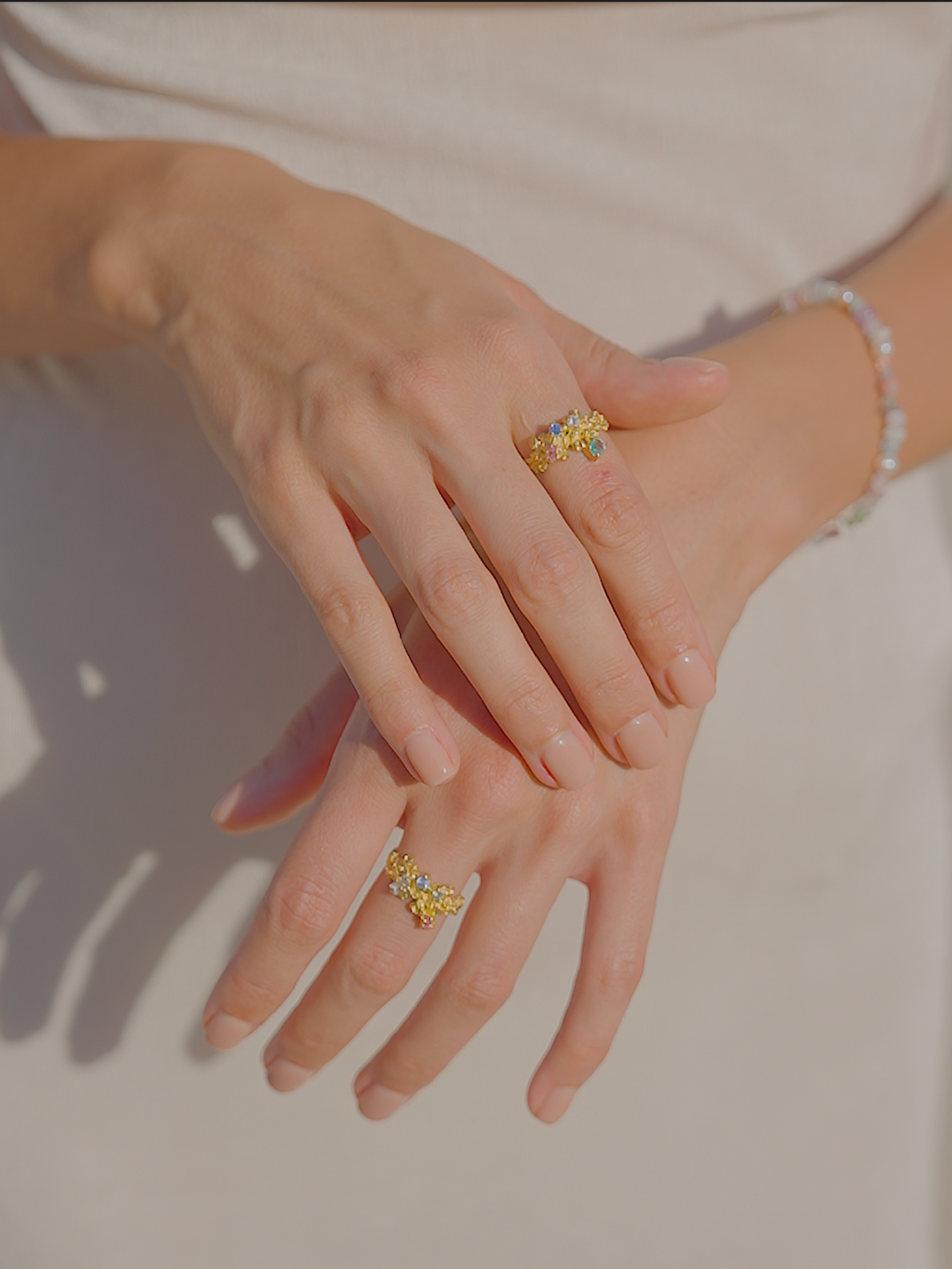 Coral Ring Gold #14 with Candy coloured Sapphires & Emerald - size 6.5