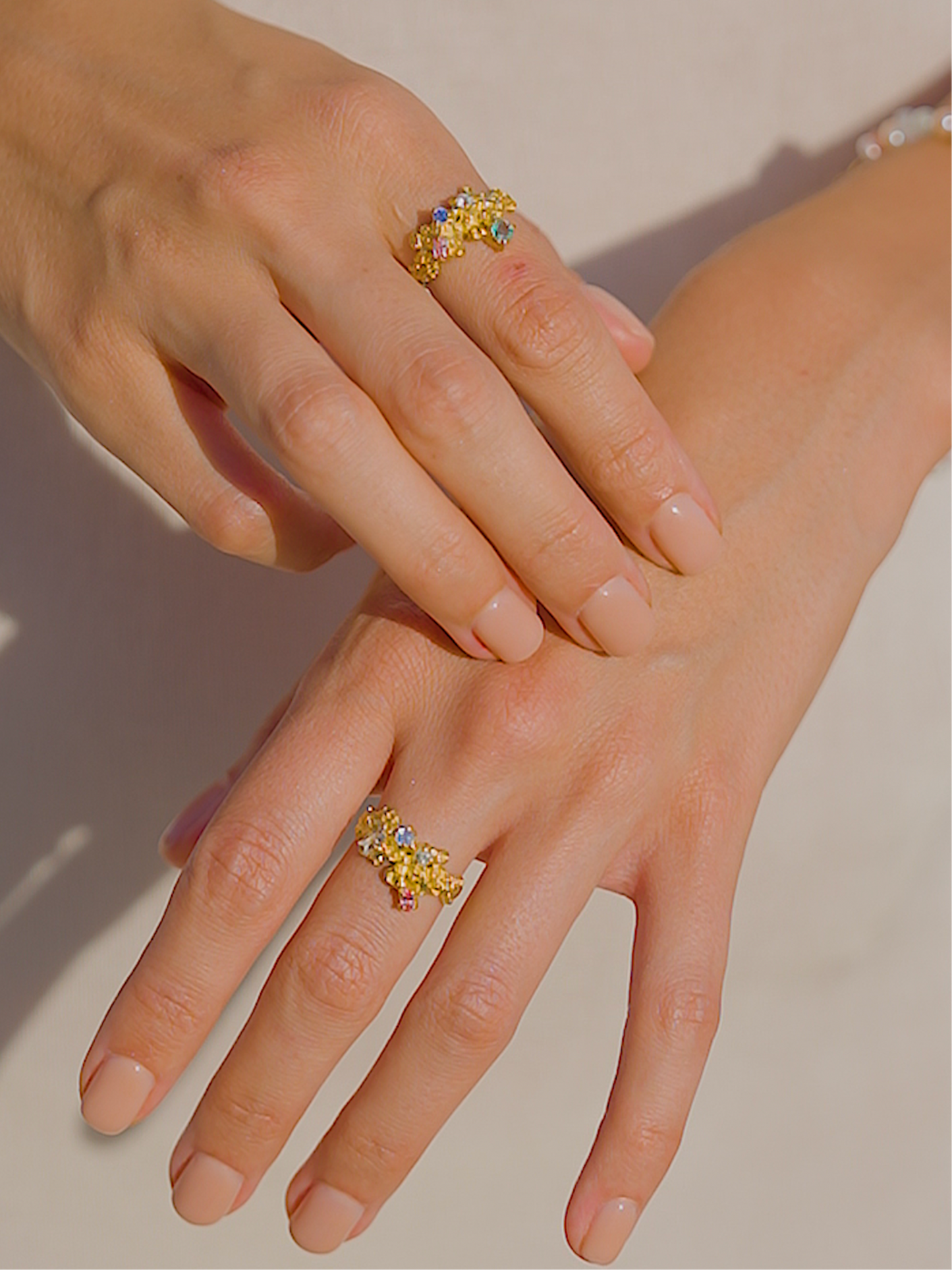 Coral Ring Gold #14 with Candy coloured Sapphires & Emerald - size 6.5