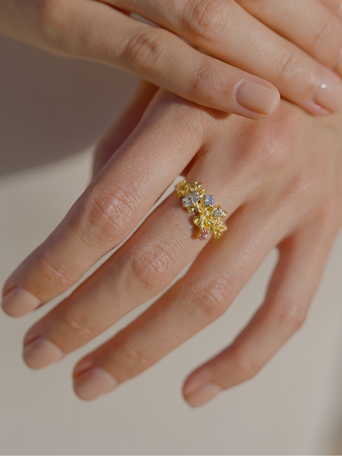 Coral Ring Gold #16 with candy coloured Sapphires - size 7