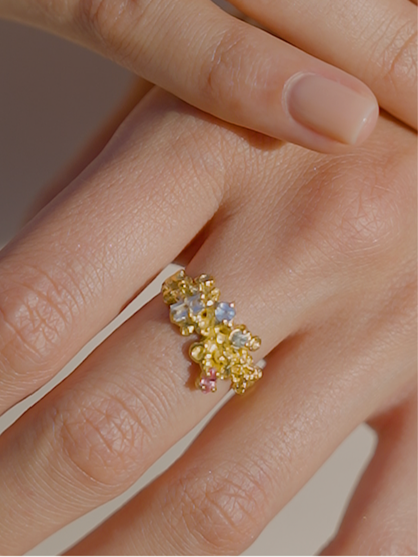 Coral Ring Gold #16 with candy coloured Sapphires - size 7