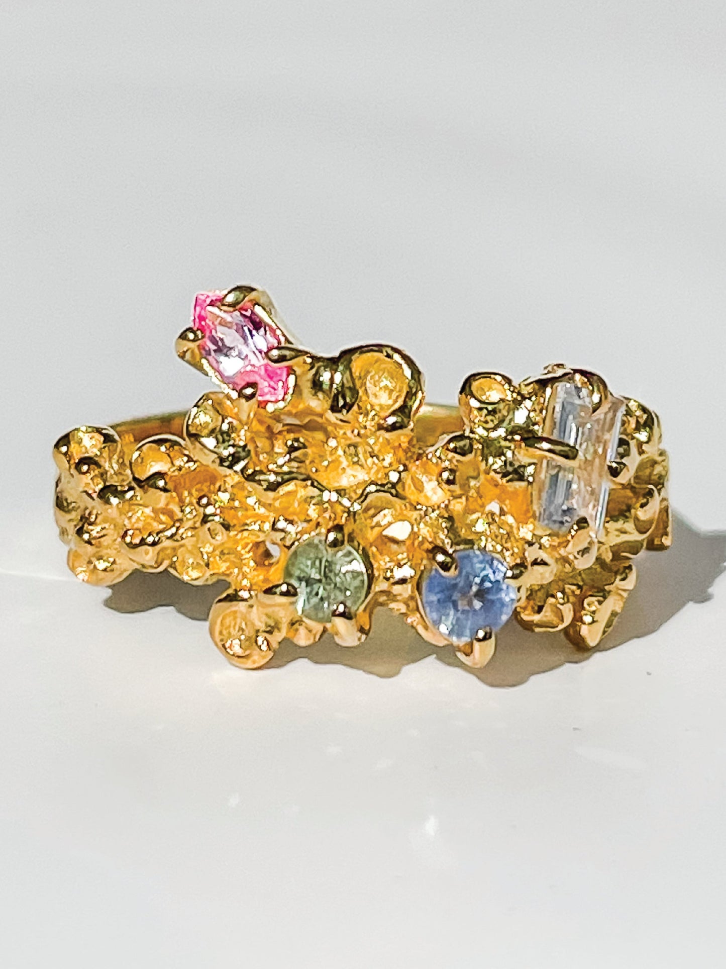 Coral Ring Gold #16 with candy coloured Sapphires - size 7