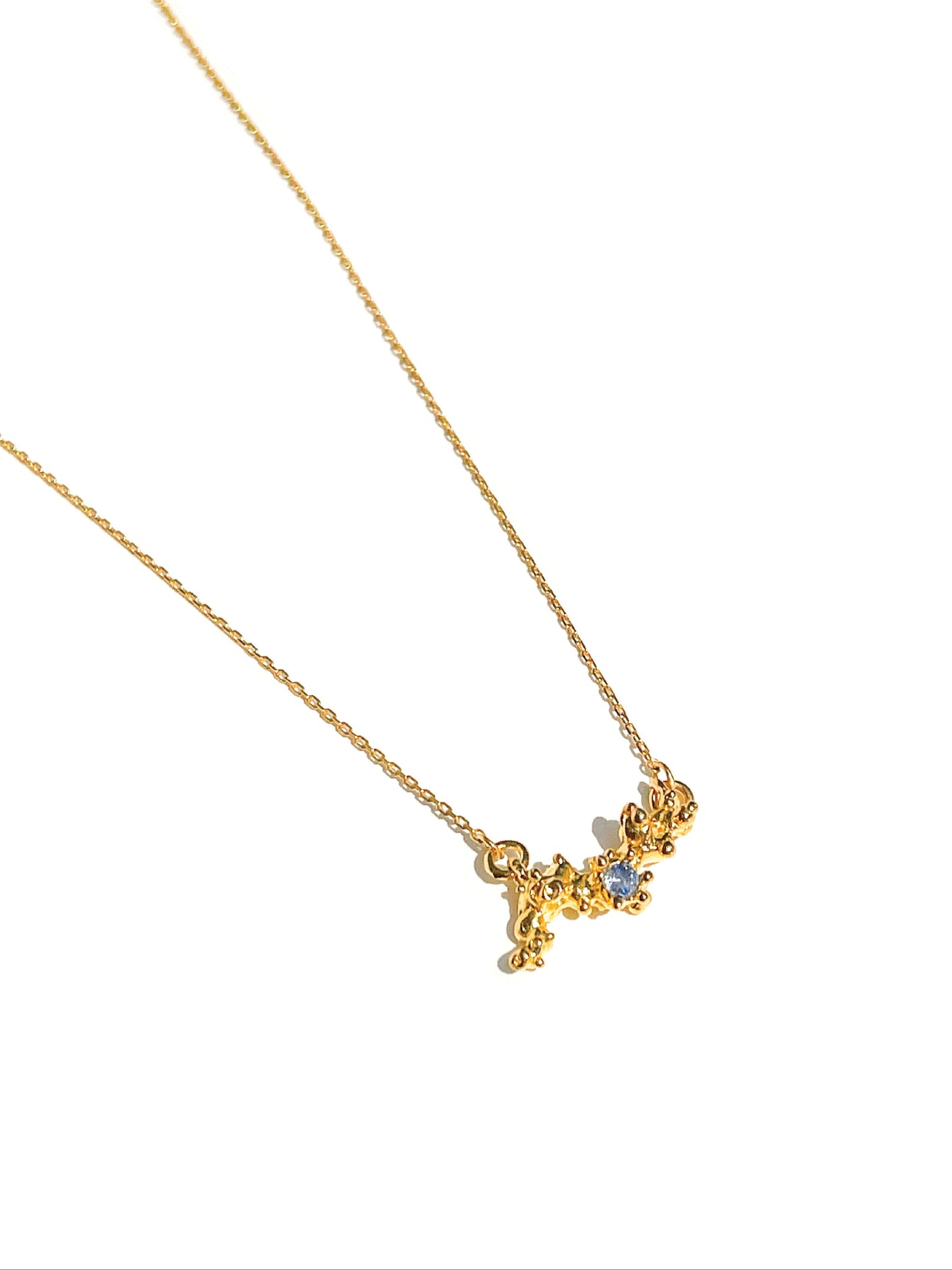 Coral Gold Necklace Single Pendant with Single Sapphire Gemstone