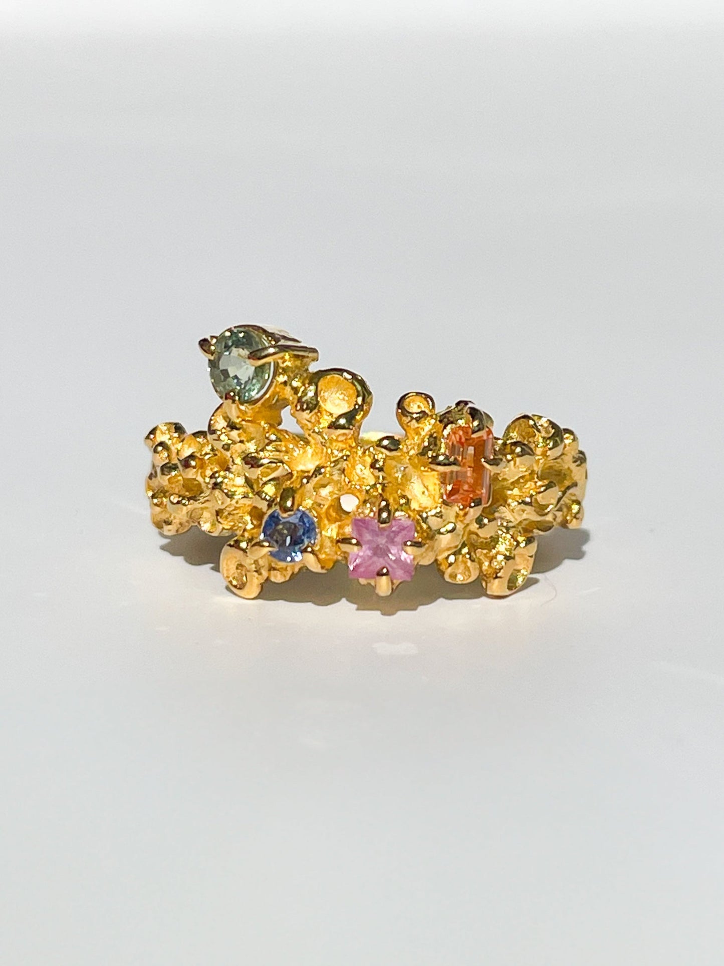 Coral Ring Gold #12 with candy coloured Sapphires - size 6