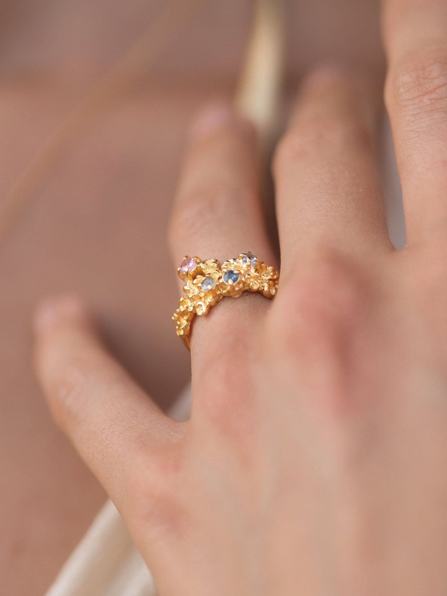 Coral Ring Gold #11 with candy coloured Sapphires - size 6