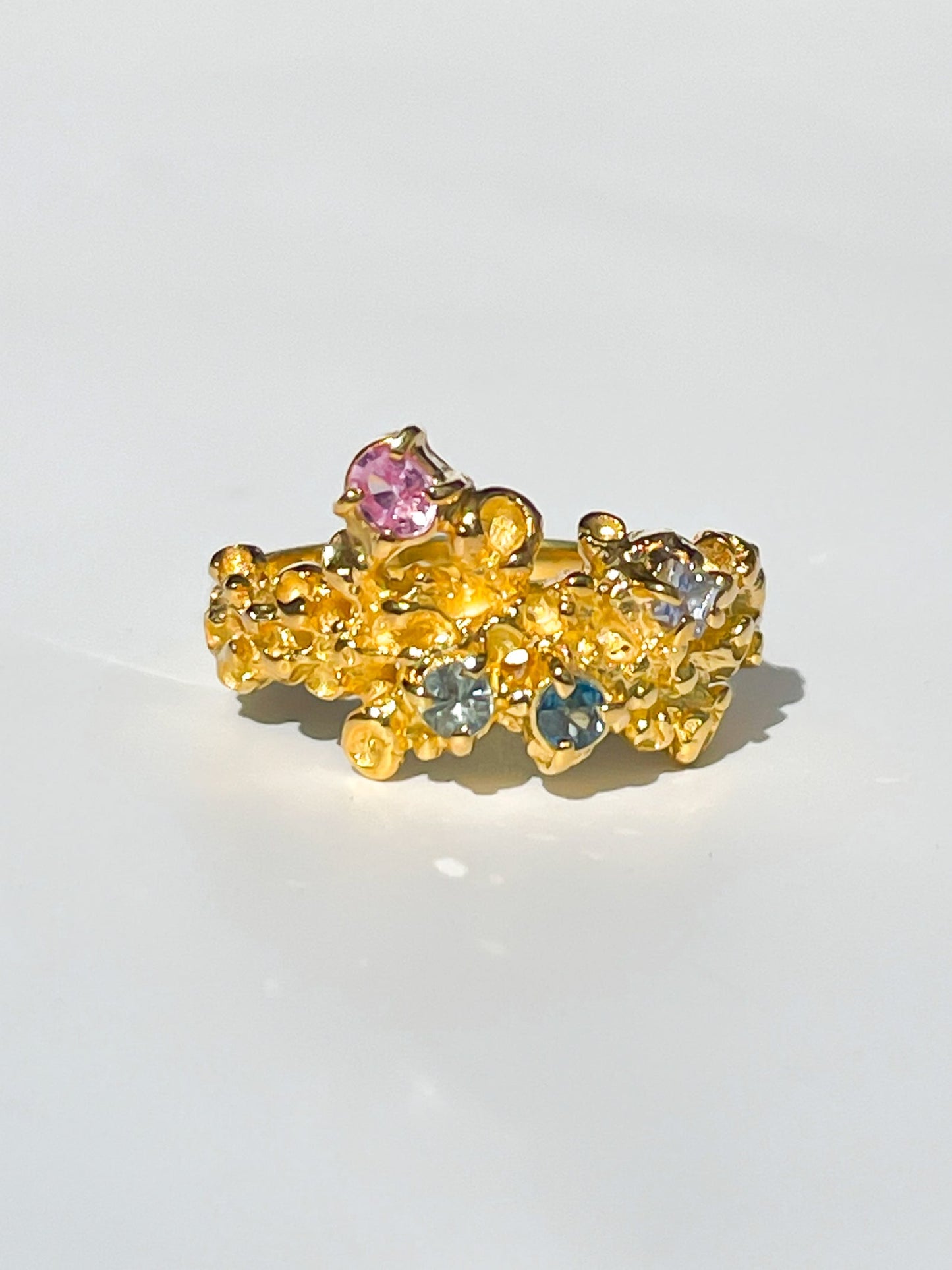 Coral Ring Gold #11 with candy coloured Sapphires - size 6