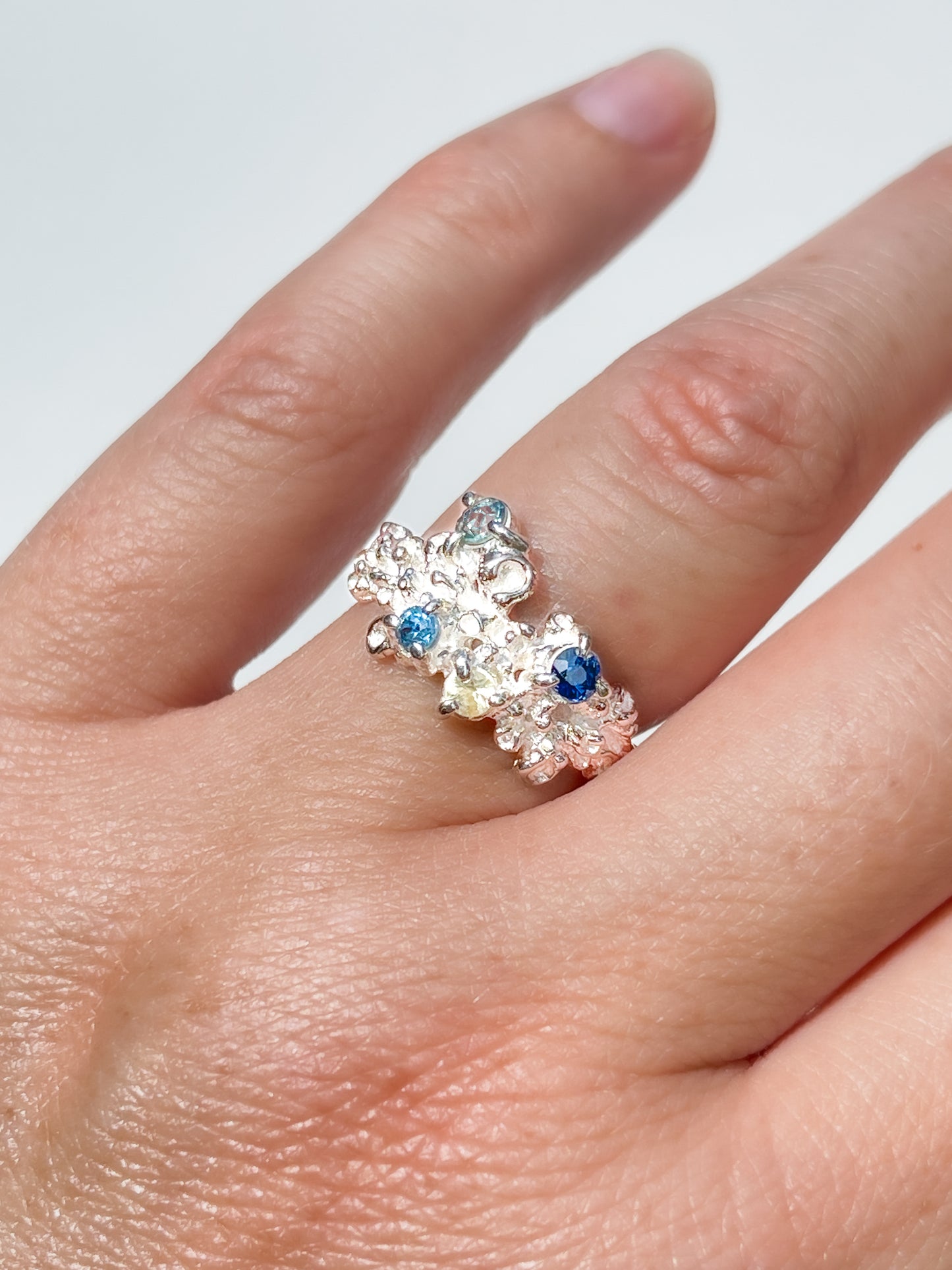 Coral Ring Silver with Blue & Green Sapphires - size 6