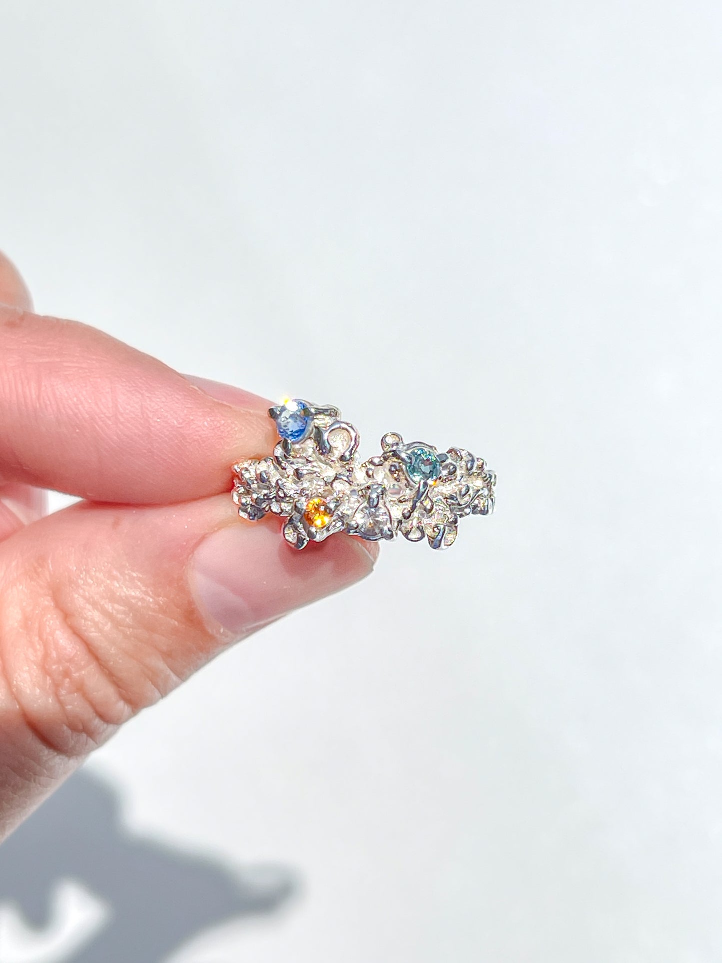 Coral Ring Silver with Blue, Green, Orange & White Sapphires  - size 7.5