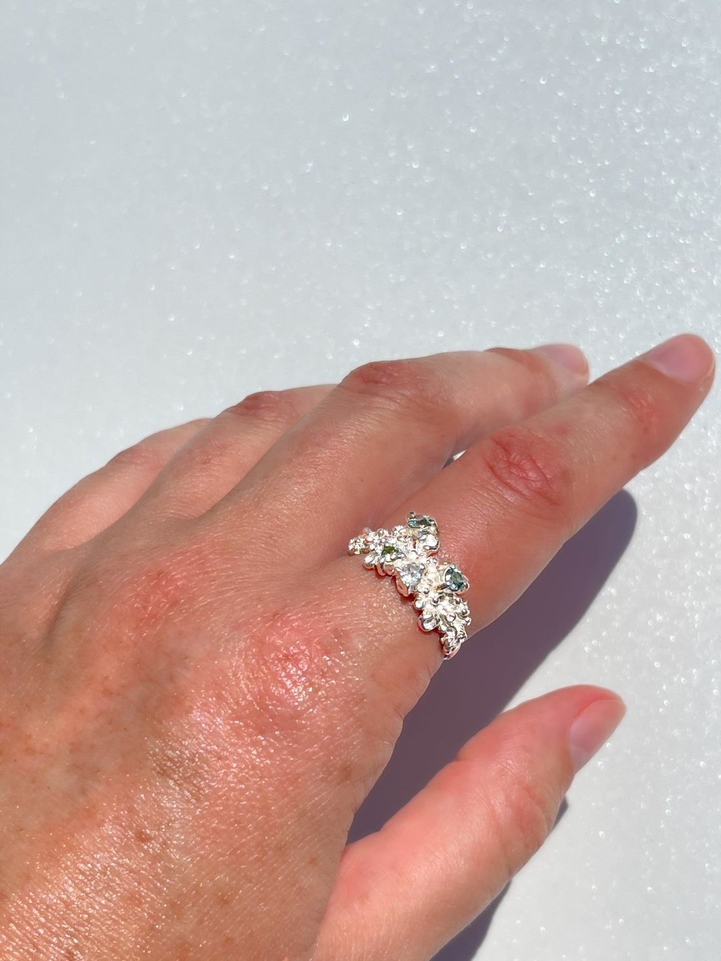 Coral Ring Silver with Blue, Green & White Sapphires & Tourmaline gemstones  - size 8