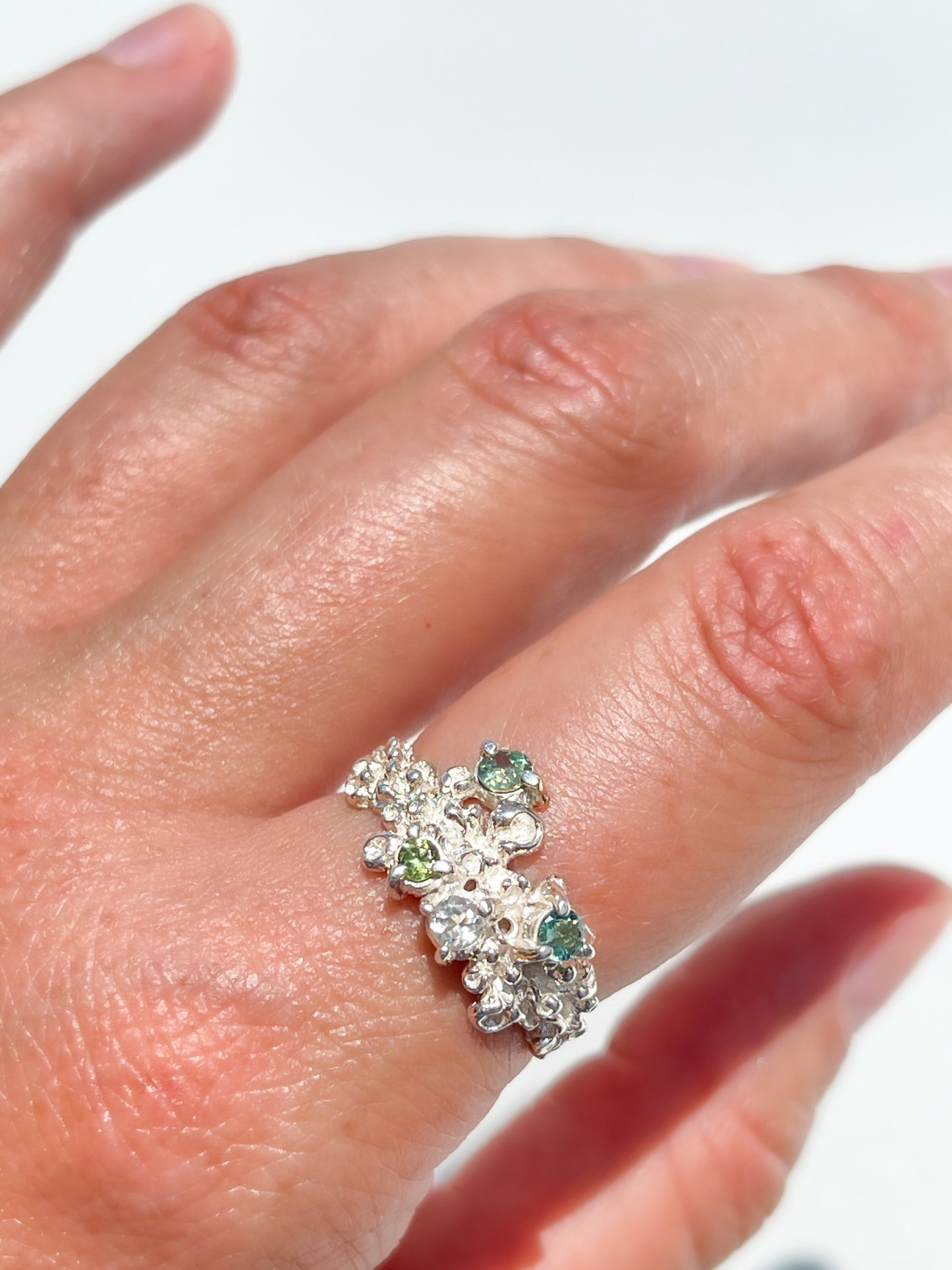 Coral Ring Silver with Blue, Green & White Sapphires & Tourmaline gemstones  - size 8
