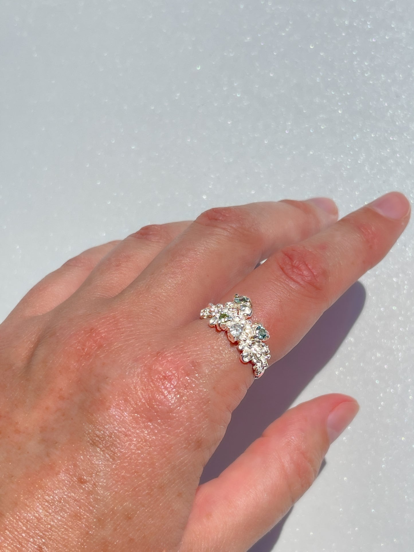 Coral Ring Silver with Blue, Green & White Sapphires & Tourmaline gemstones  - size 8