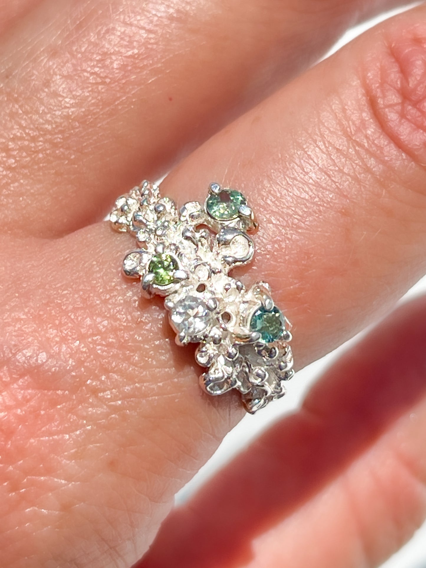 Coral Ring Silver with Blue, Green & White Sapphires & Tourmaline gemstones  - size 8