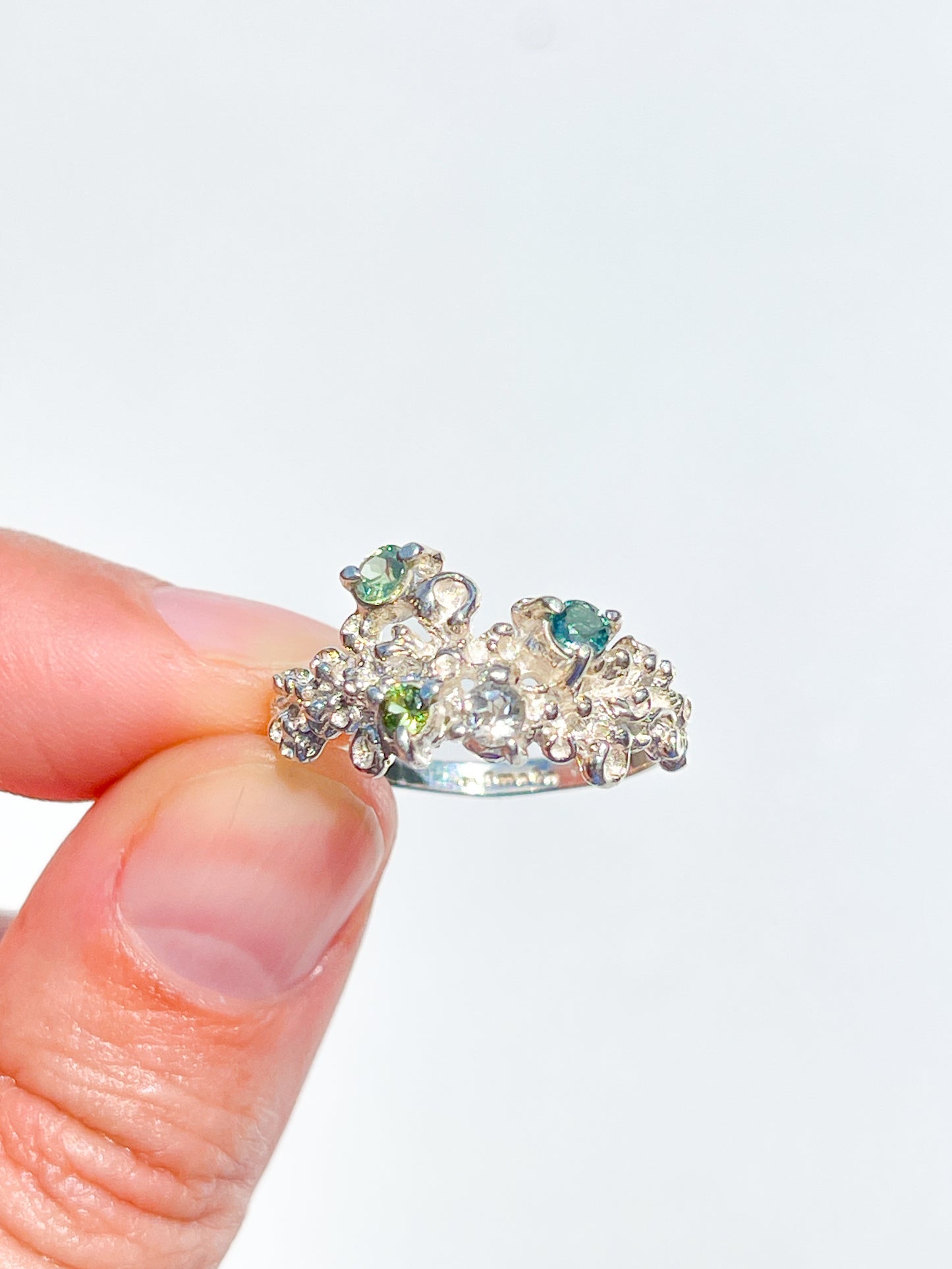 Coral Ring Silver with Blue, Green & White Sapphires & Tourmaline gemstones  - size 8