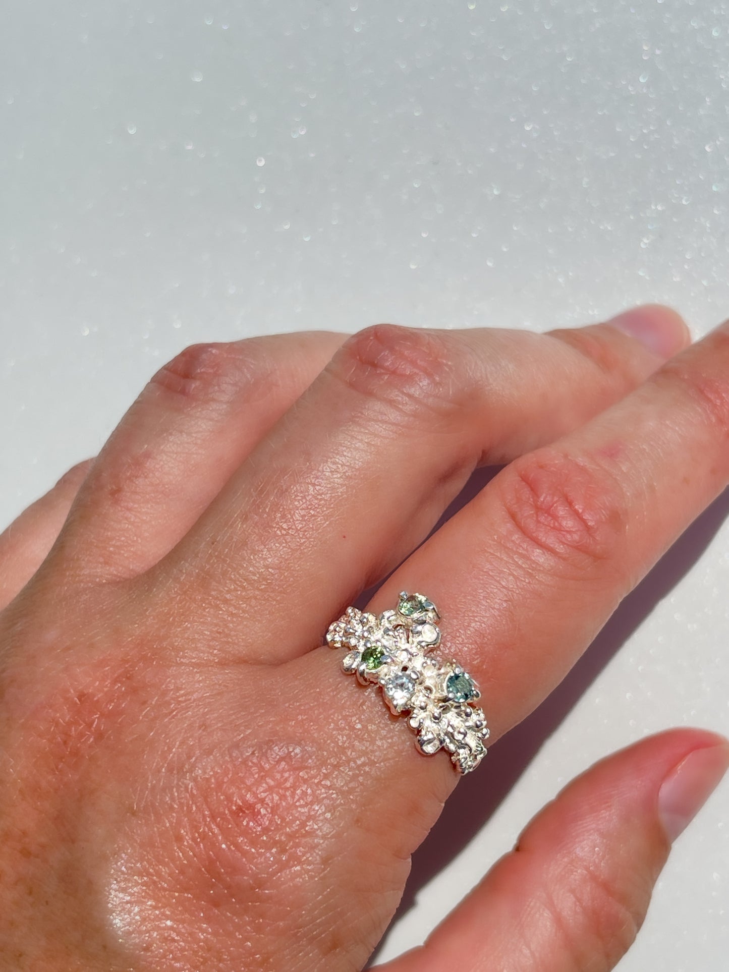Coral Ring Silver with Blue, Green & White Sapphires & Tourmaline gemstones  - size 8