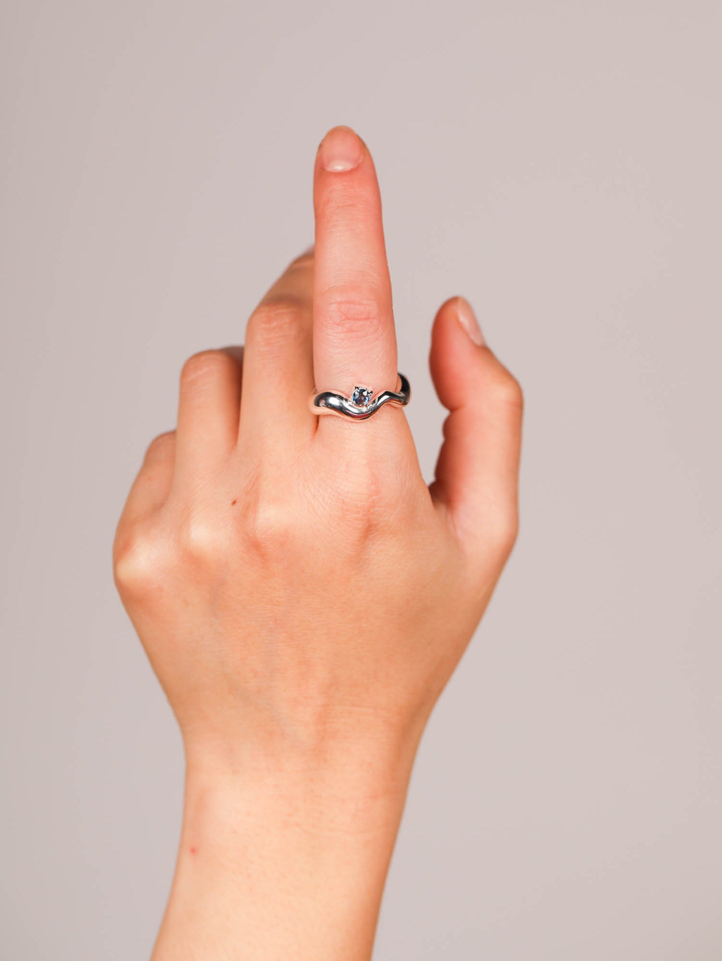 Wave Ring Silver with single Sapphire Stone # 1 | Size 6
