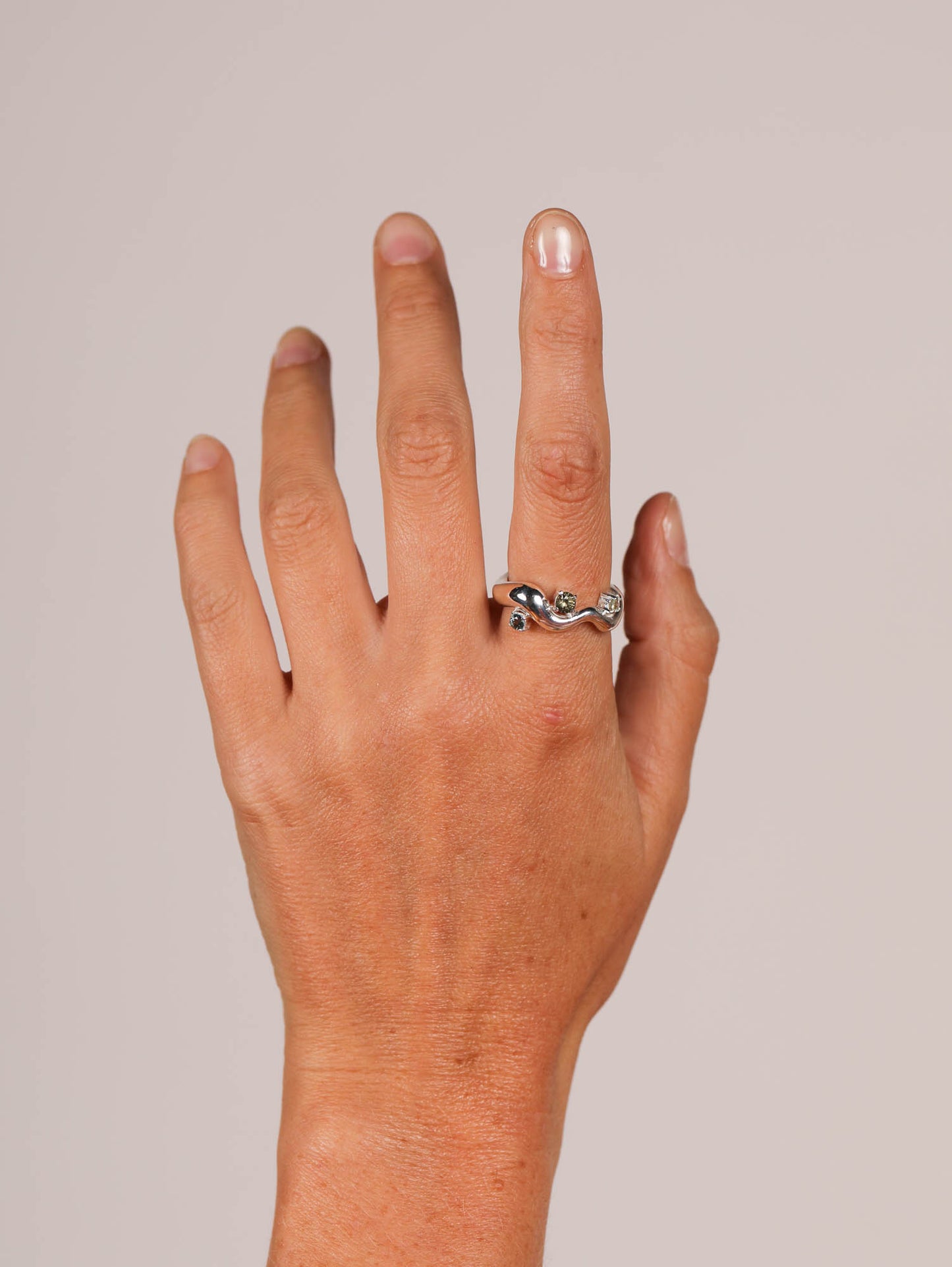 Wave Ring Silver with 3 Sapphire and Tourmaline Stones # 3 | Size 7.5