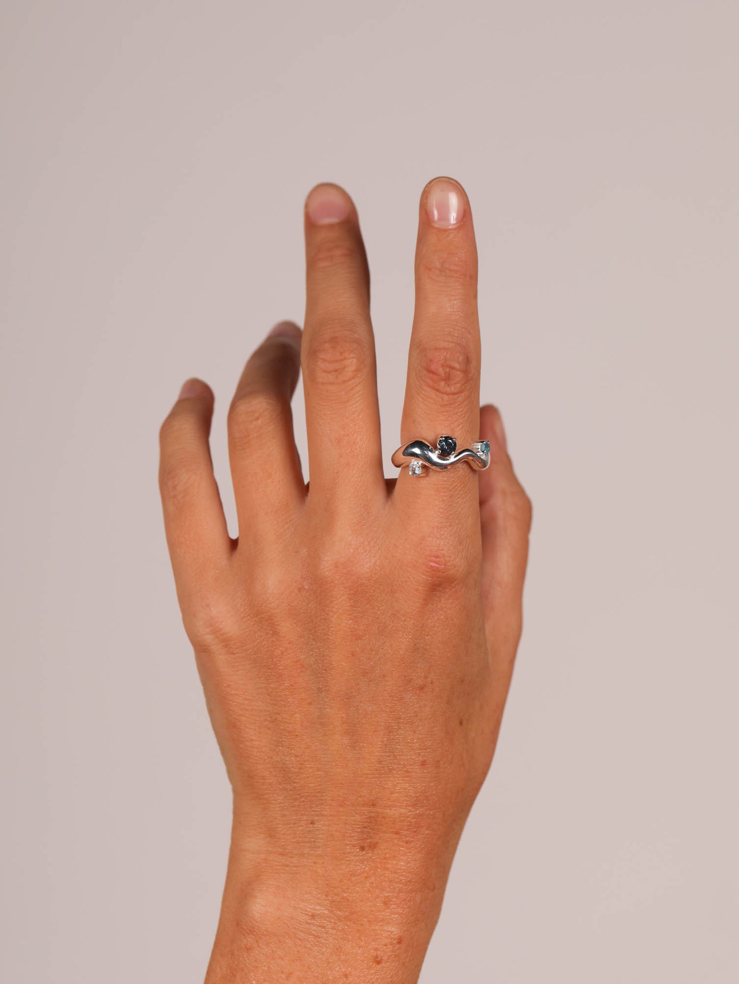 Wave Ring Silver with 3 multi Stones # 1  | Size 7