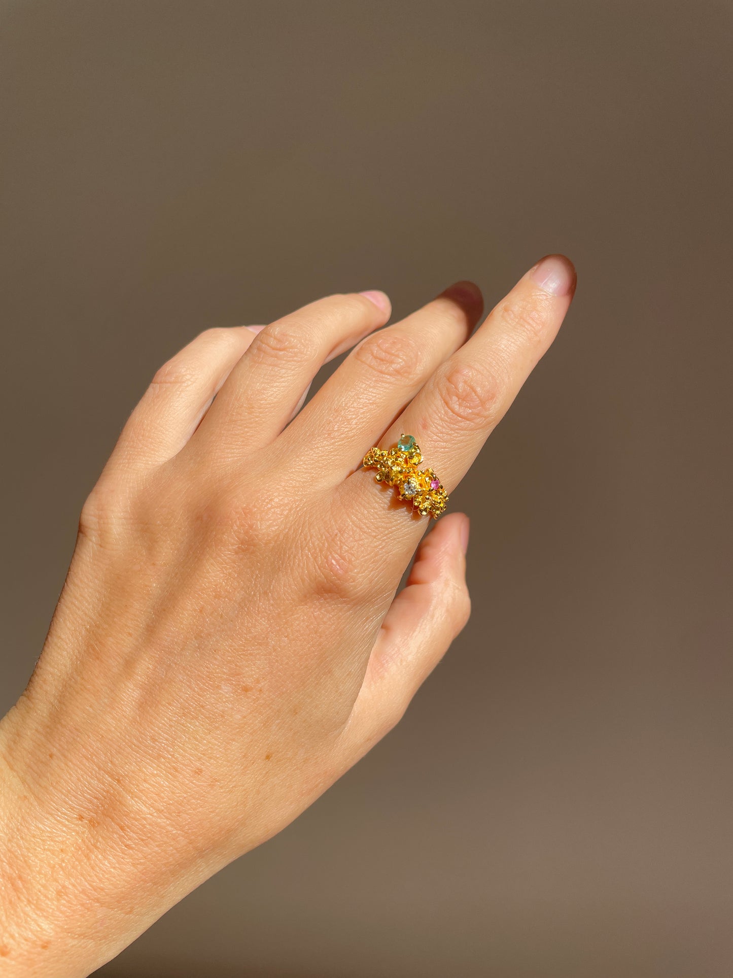 Coral Ring Gold with Candy coloured Sapphires - size 7