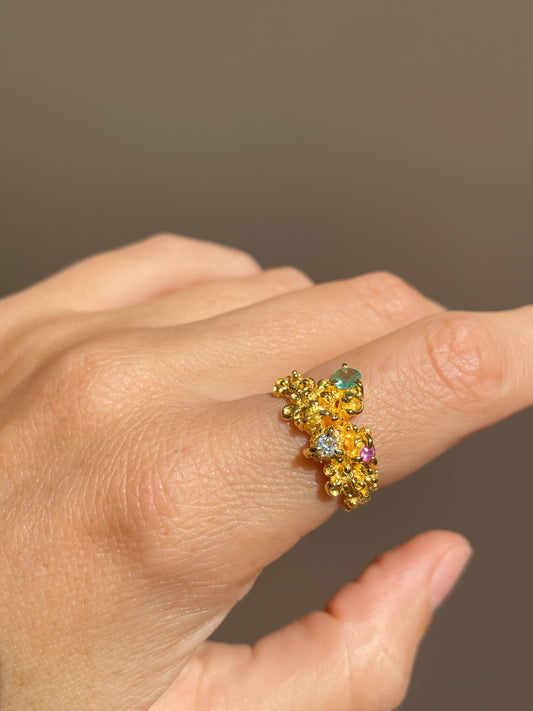 Coral Ring Gold with Candy coloured Sapphires - size 7