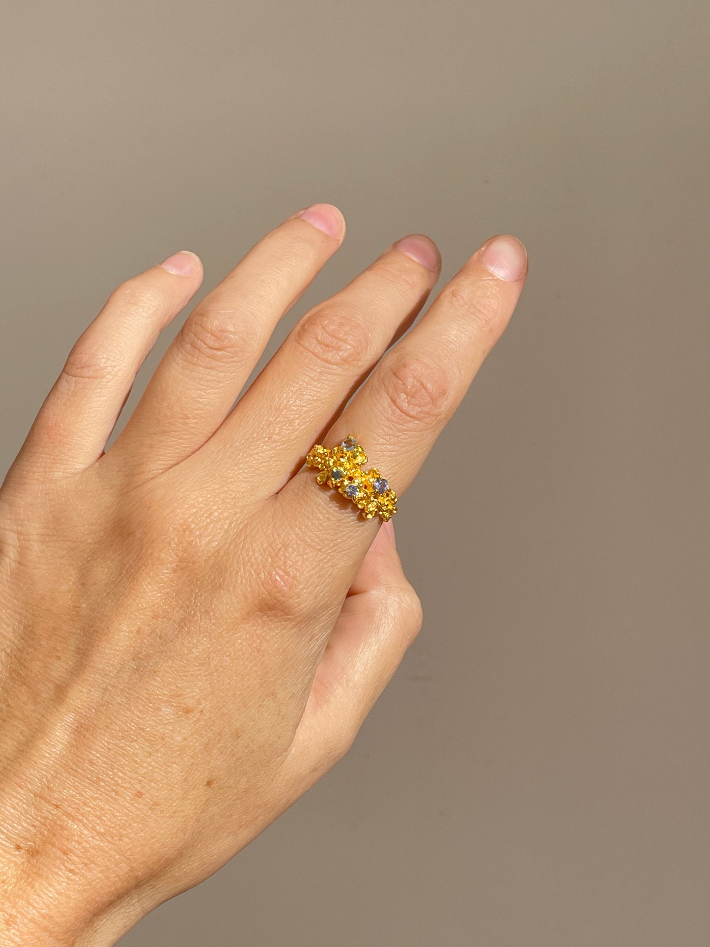 Coral Ring Gold with Blue & Aqua Sapphires - size 7