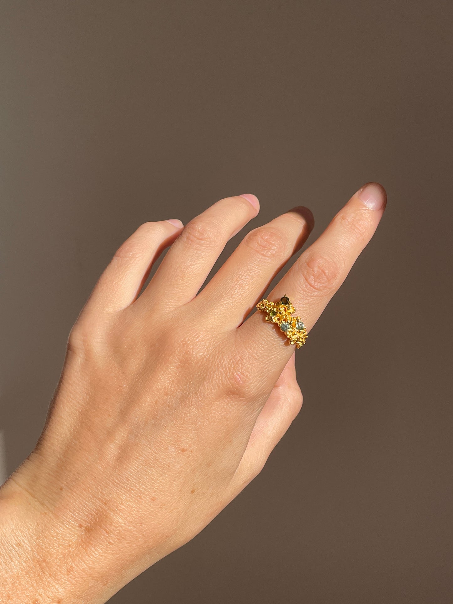 Coral Ring Gold with Green Sapphires & Tourmaline - size 8