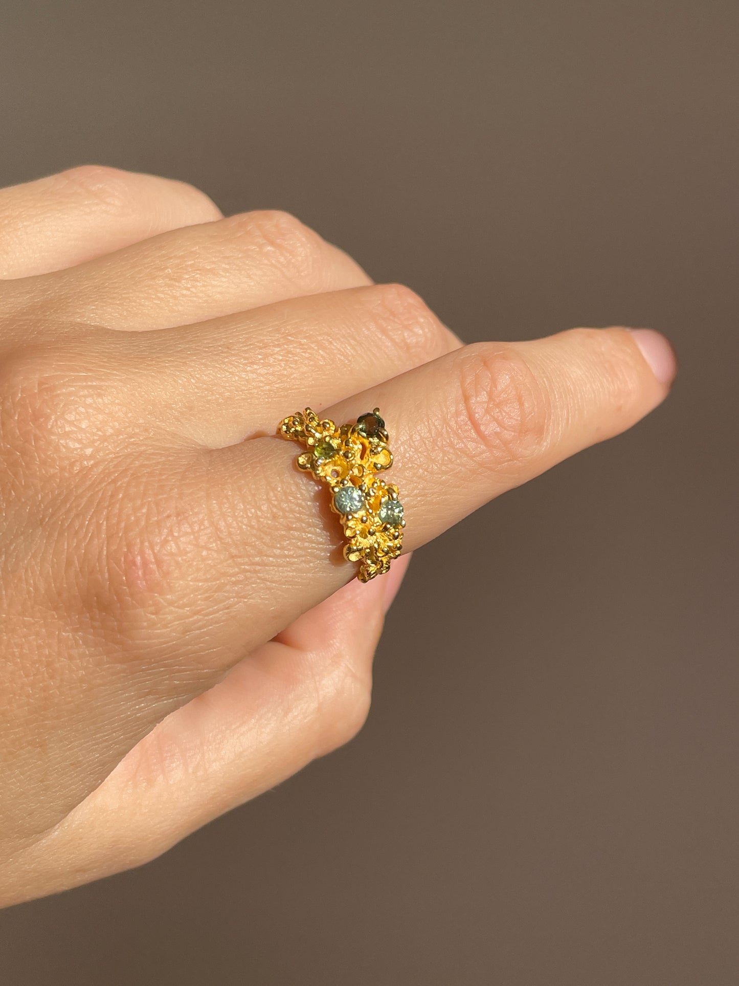 Coral Ring Gold with Green Sapphires & Tourmaline - size 8