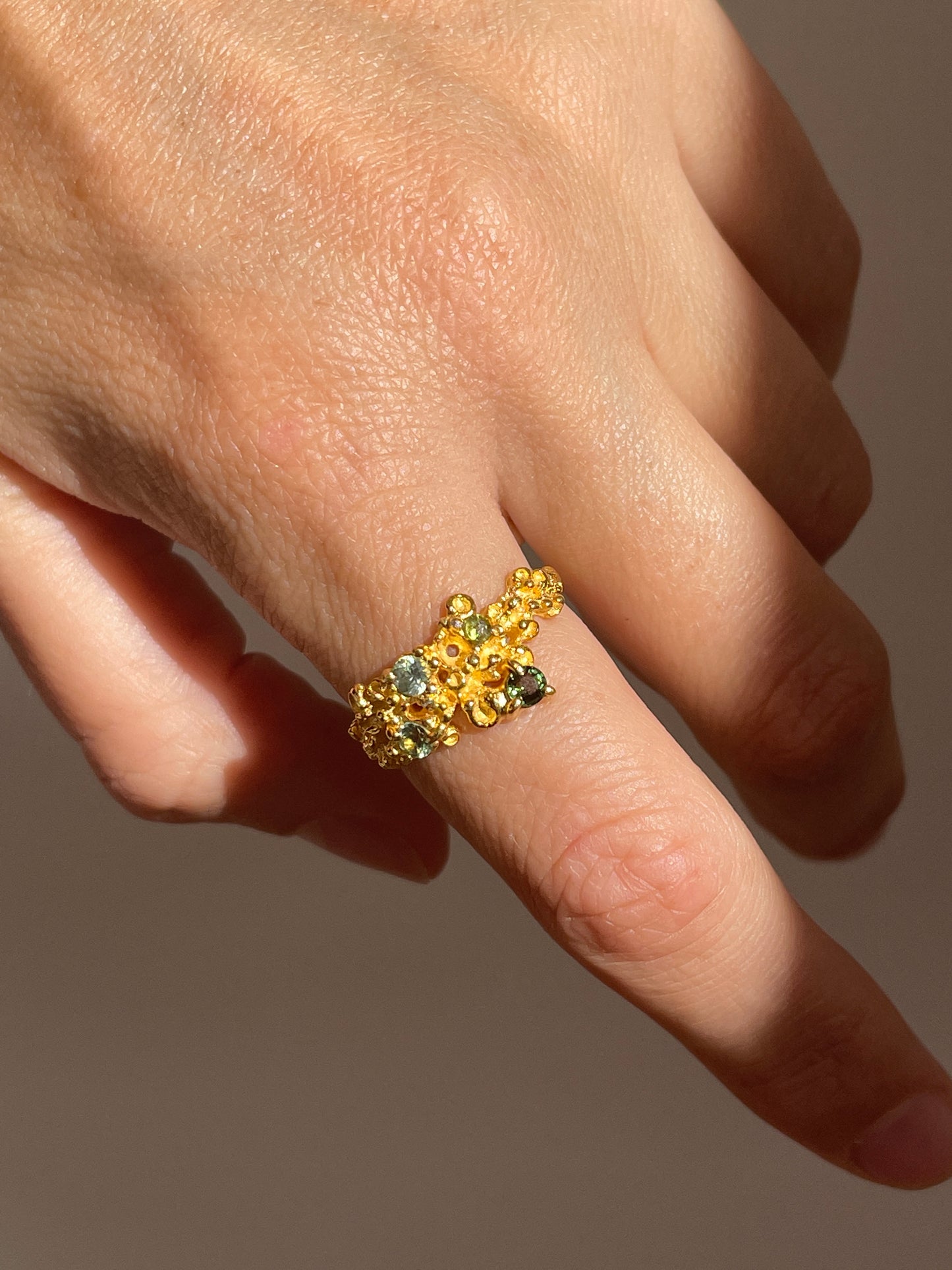 Coral Ring Gold with Green Sapphires & Tourmaline - size 8