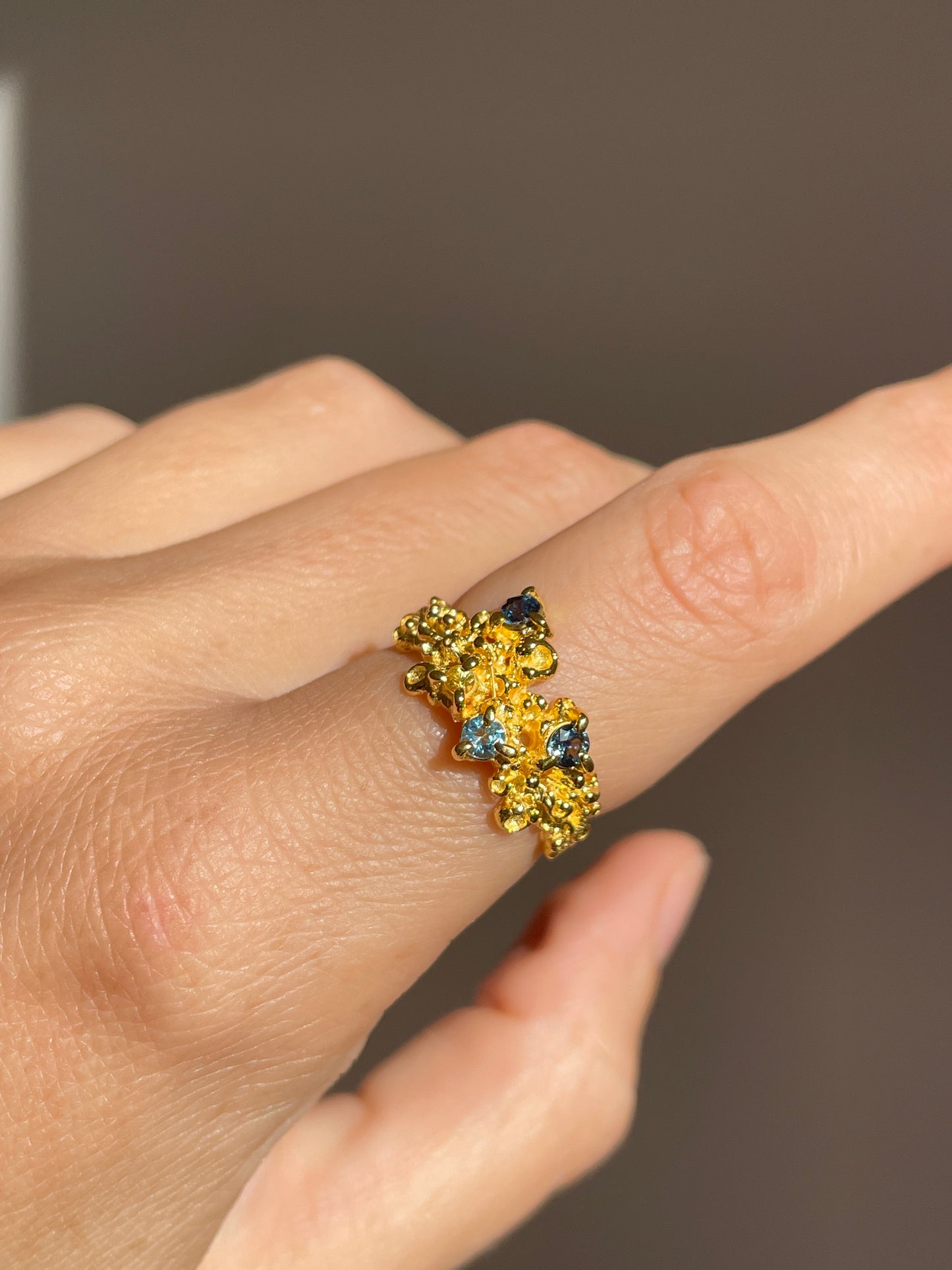 Coral Ring Gold with Blue & Aqua Sapphires - size 7.5