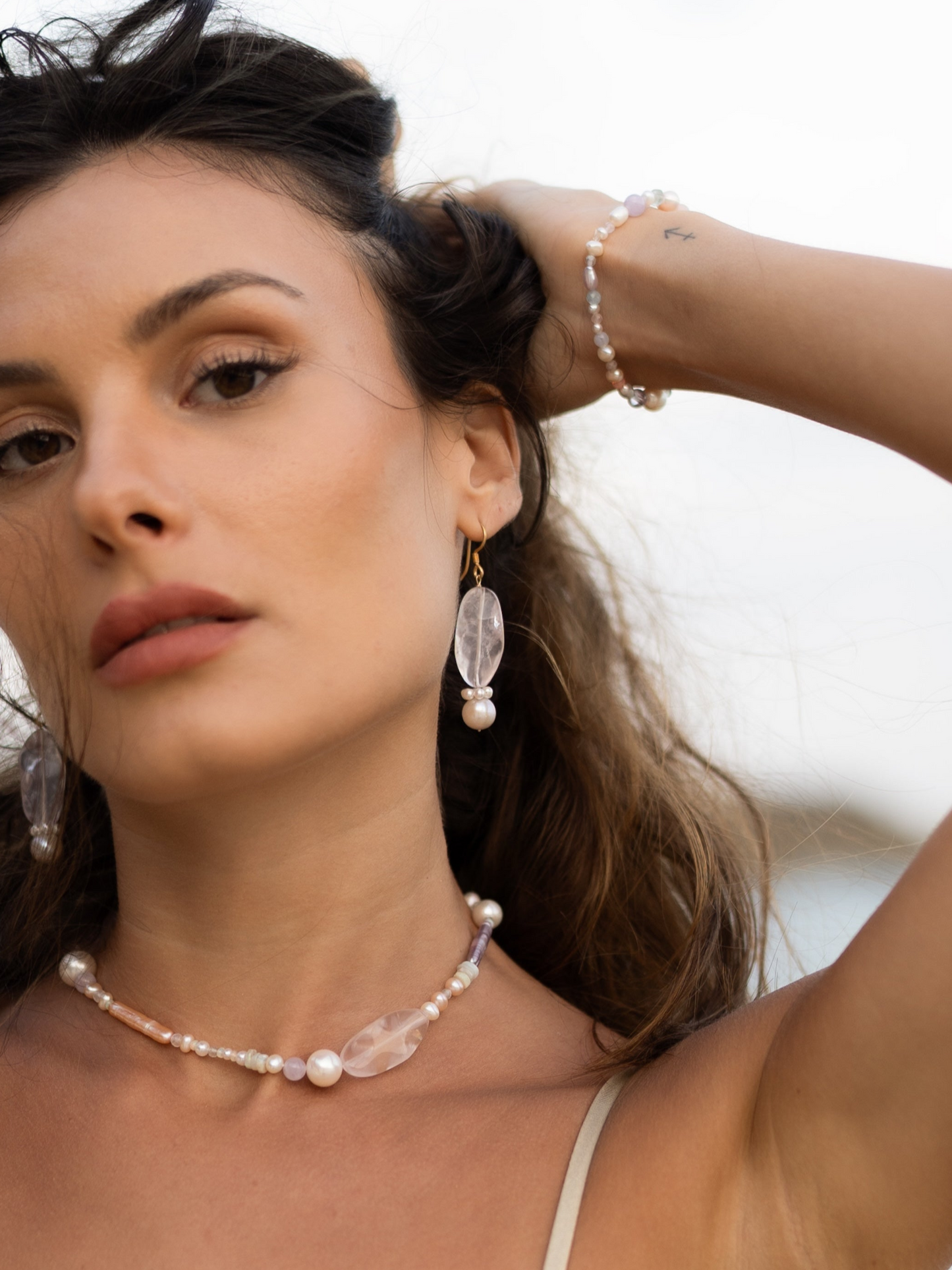 Wavy Rose Quartz Pearl Drop Earrings