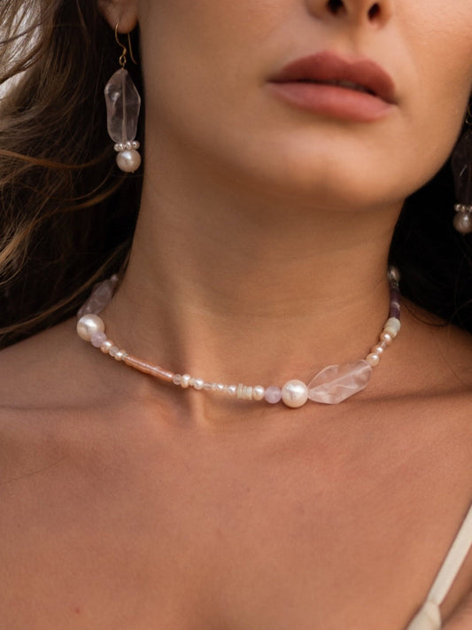 Wavy Rose Quartz Pearl multistone necklace