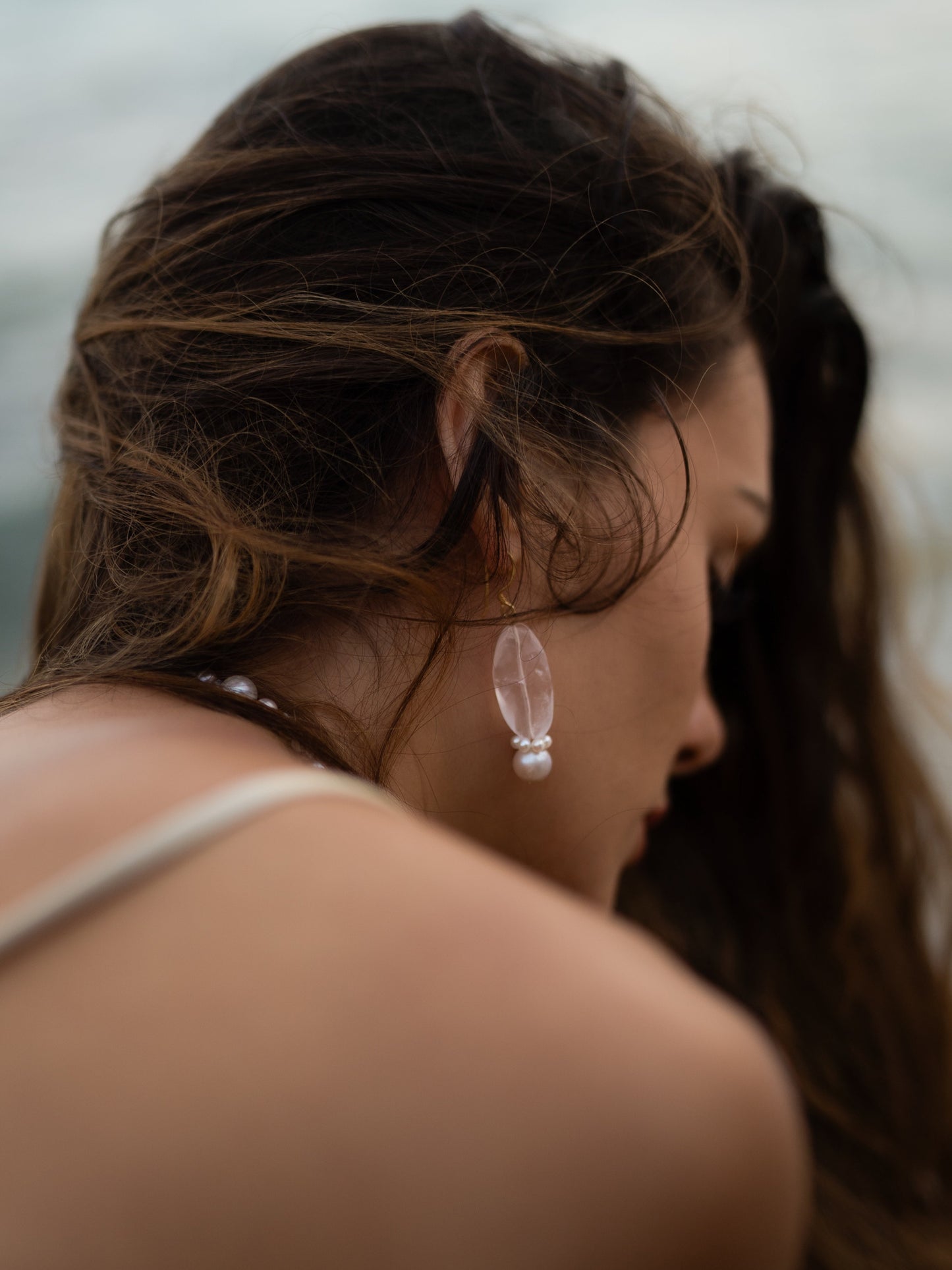 Wavy Rose Quartz Pearl Drop Earrings
