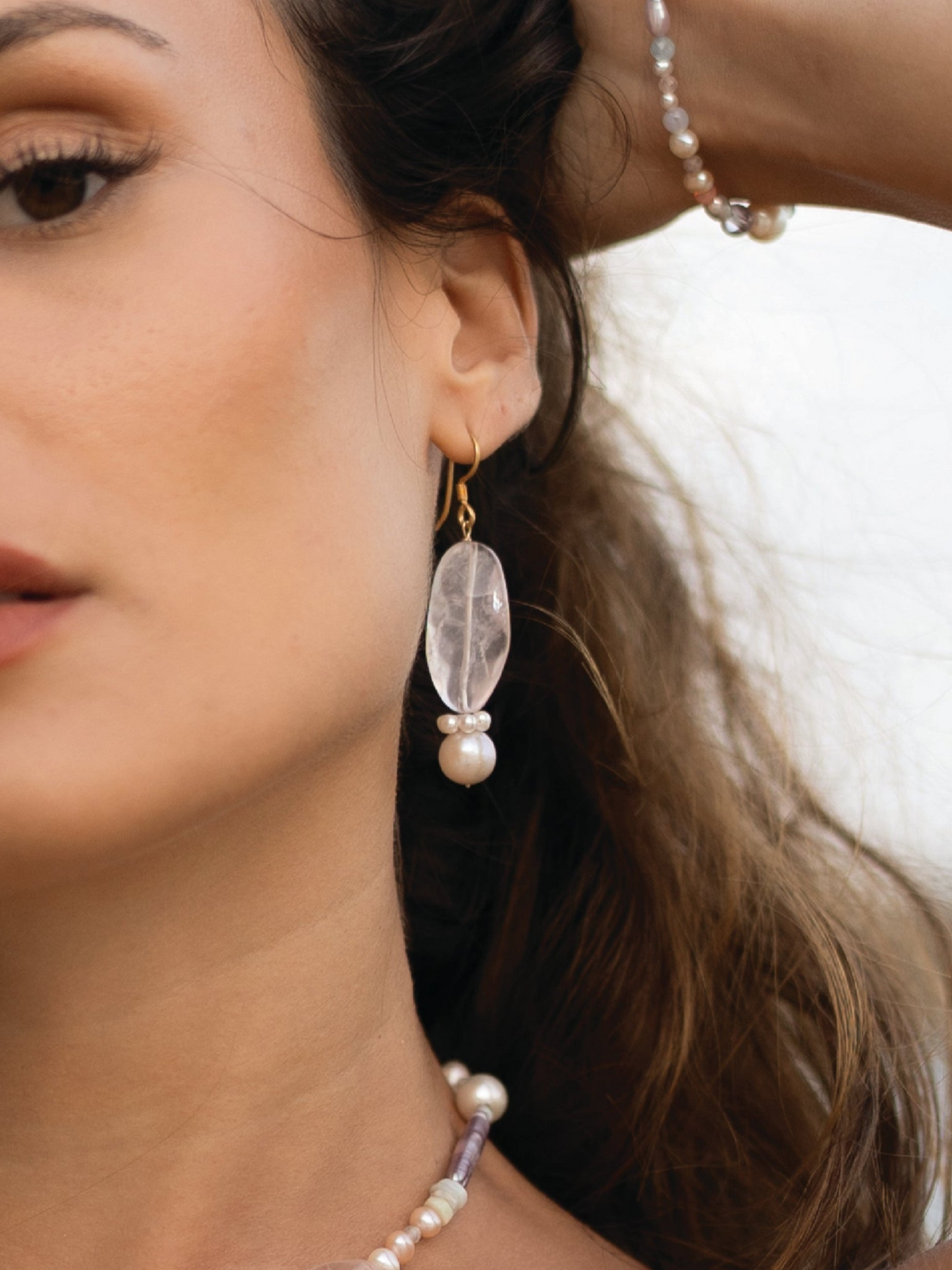 Wavy Rose Quartz Pearl Drop Earrings