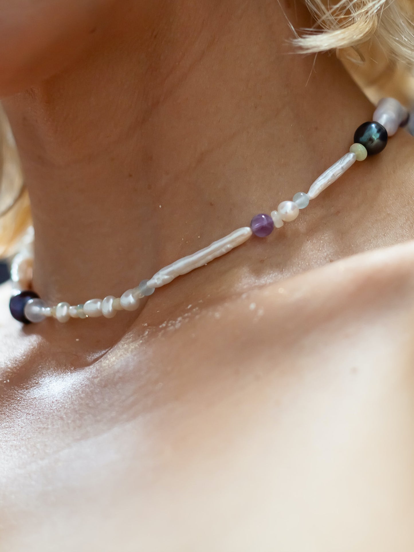 Nāmaka Tahitian Black Pearl & Opal Multi-Stone Choker Necklace - Glistening in candy colours, and finished with Sterling Silver hardware, this necklace is absolutely gorgeous. Hand crafted with a variety of Vibrant White Keshi Pearls, Estate re-purposed Tahitian Black Pearls, Biwa Pearls, Freshwater Pearls & Pink Freshwater Pearls.