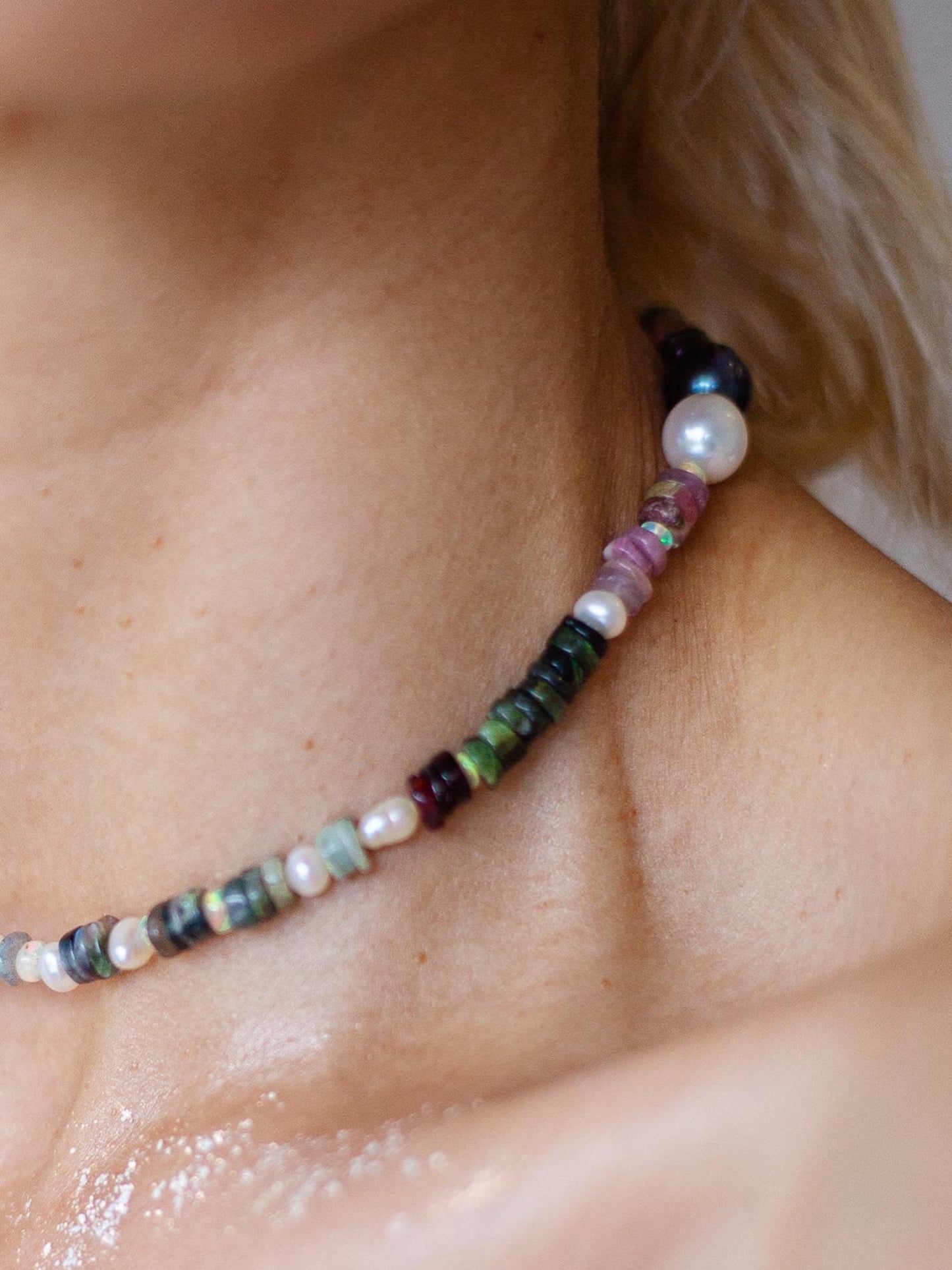 Nāmaka Bold Tourmaline with Akoya & Tahitian Pearl Choker Necklace.